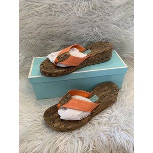 Womens Eliza B Wedge Heel Cork Flip Flops Orange Strap Canvas Size 11